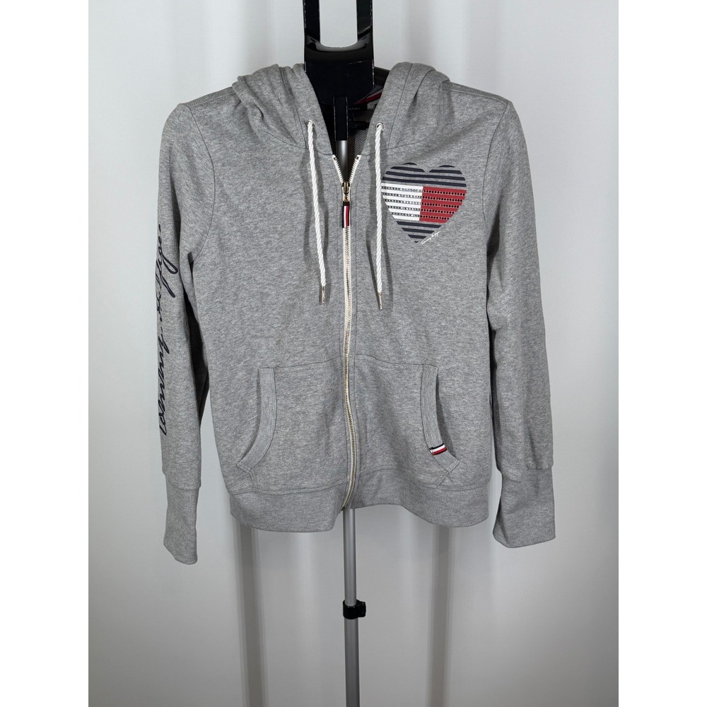 Tommy Hilfiger Womens Gray Heart Logo Full Zip Hoodie Sweatshirt Size M